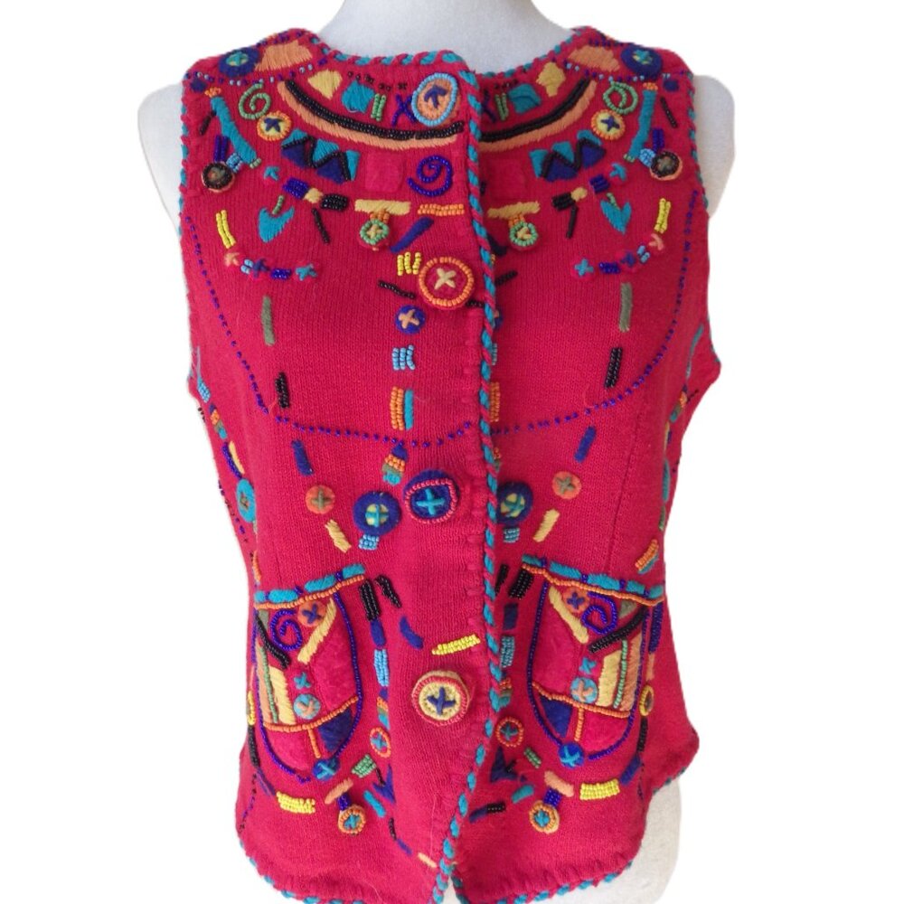Michael Simon Embellished Red Vest/ Boho/ Beaded & Embroidered/ Size 2 - Picture 2 of 14